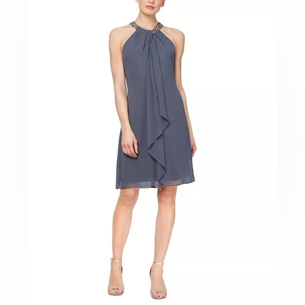 SLNY Gray Beaded Halter Cocktail Dress Size 12
